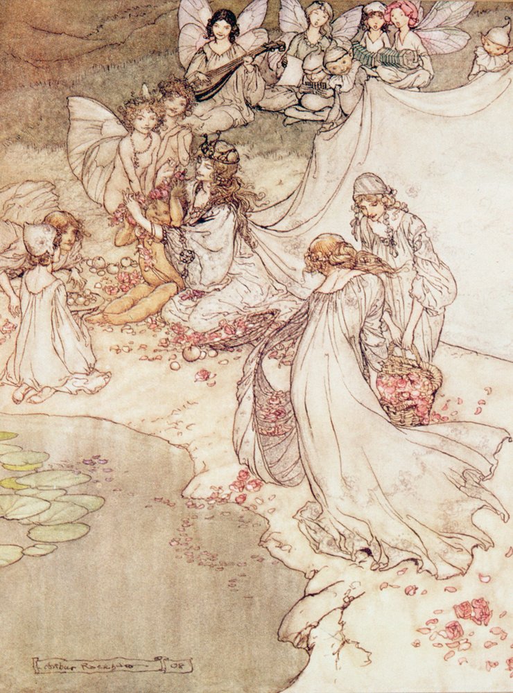 おとぎ話、花で子供を覆う妖精の女王のイラスト